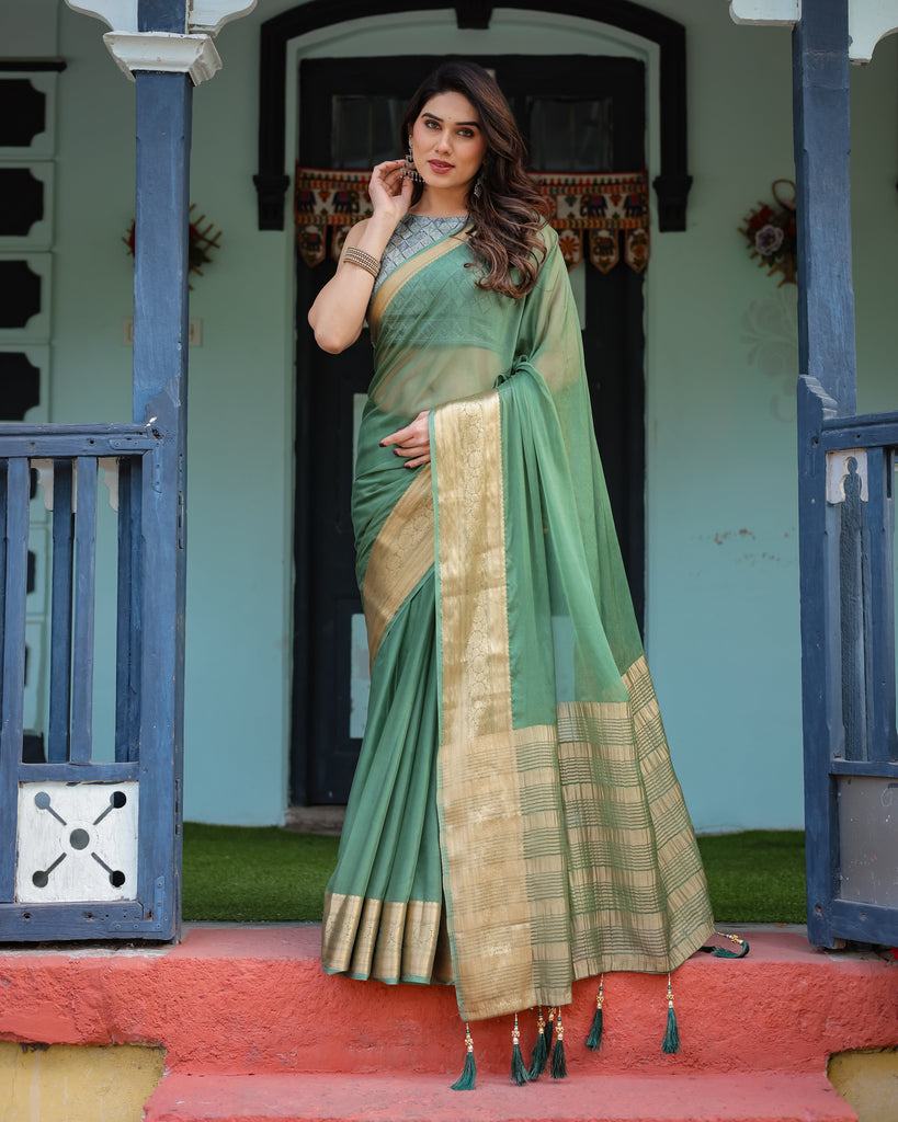 Mint Green Plain Chiffon Saree with Gold Zari Border, Geometric Printed Blouse & Tassel Detailing CHIFFON