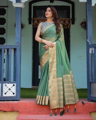 Mint Green Plain Chiffon Saree with Gold Zari Border, Geometric Printed Blouse & Tassel Detailing CHIFFON