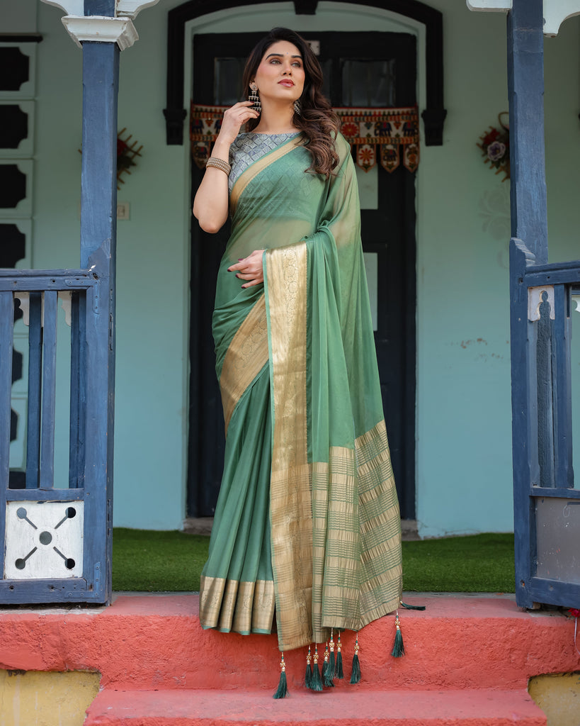 Mint Green Plain Chiffon Saree with Gold Zari Border, Geometric Printed Blouse & Tassel Detailing CHIFFON