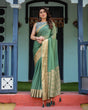 Load image into Gallery viewer, Mint Green Plain Chiffon Saree with Gold Zari Border, Geometric Printed Blouse &amp; Tassel Detailing CHIFFON