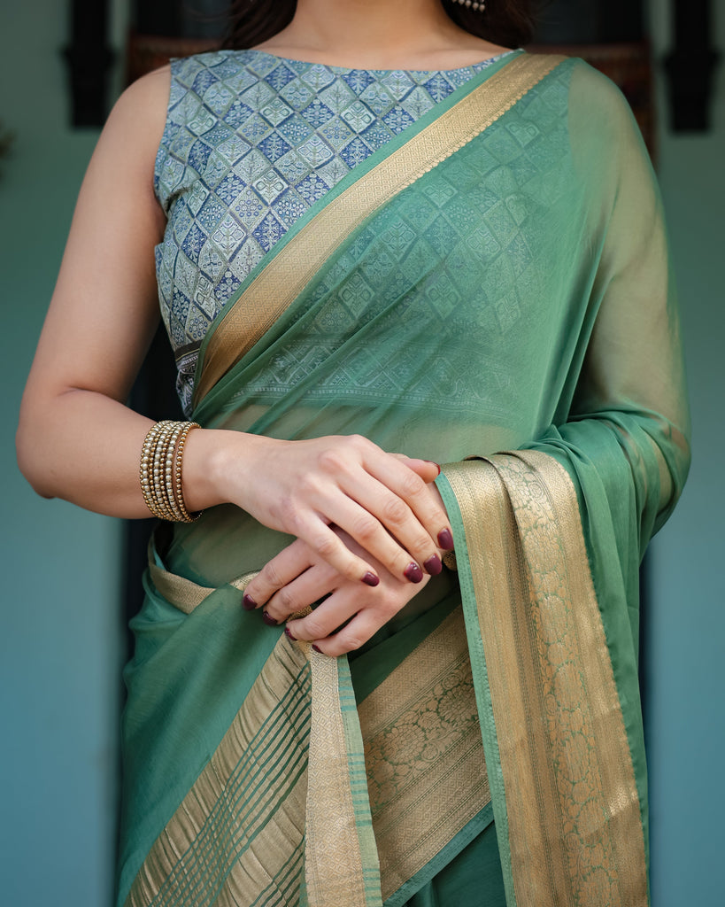 Mint Green Plain Chiffon Saree with Gold Zari Border, Geometric Printed Blouse & Tassel Detailing CHIFFON