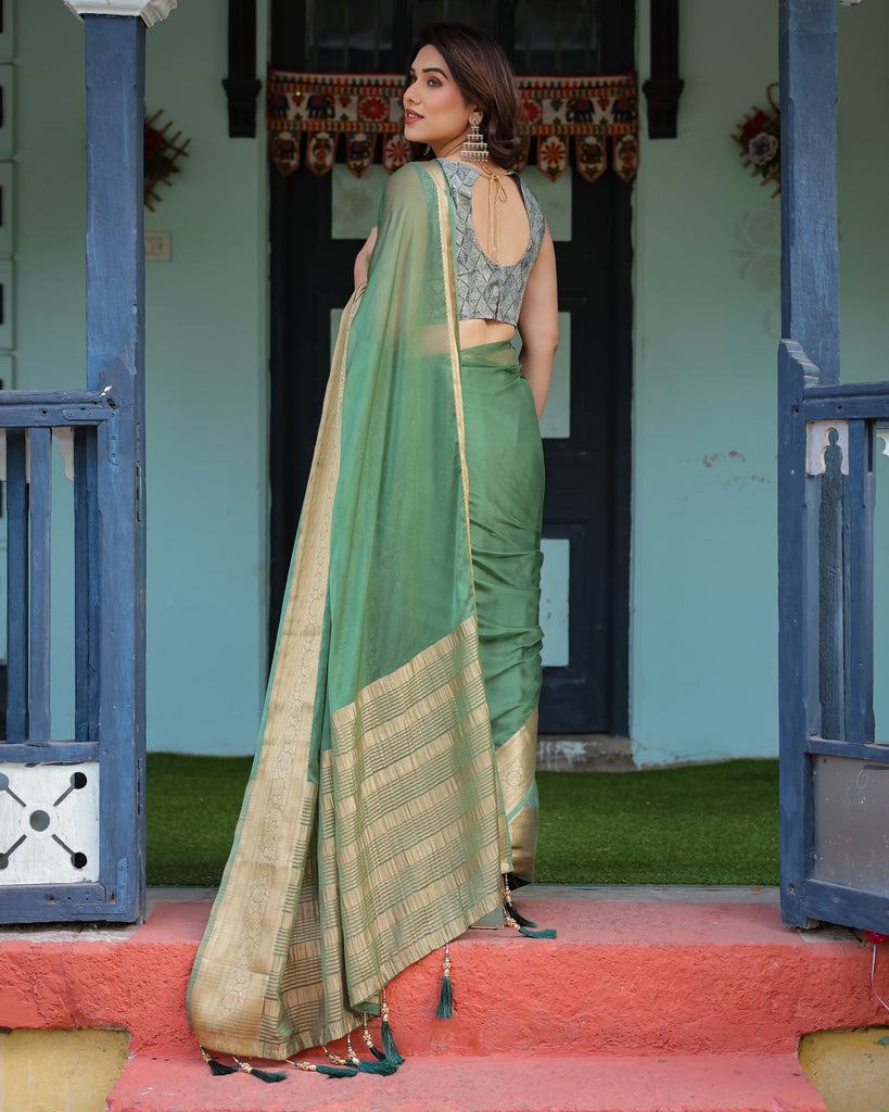 Mint Green Plain Chiffon Saree with Gold Zari Border, Geometric Printed Blouse & Tassel Detailing CHIFFON