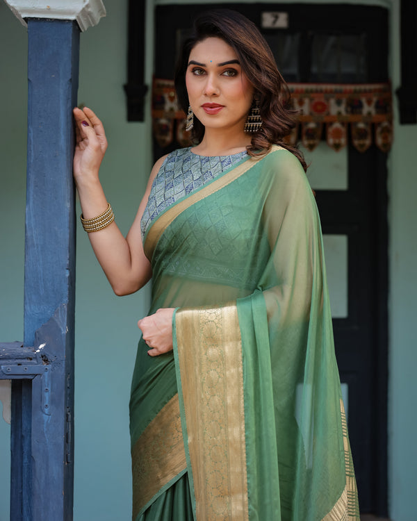 Mint Green Plain Chiffon Saree with Gold Zari Border, Geometric Printed Blouse & Tassel Detailing CHIFFON