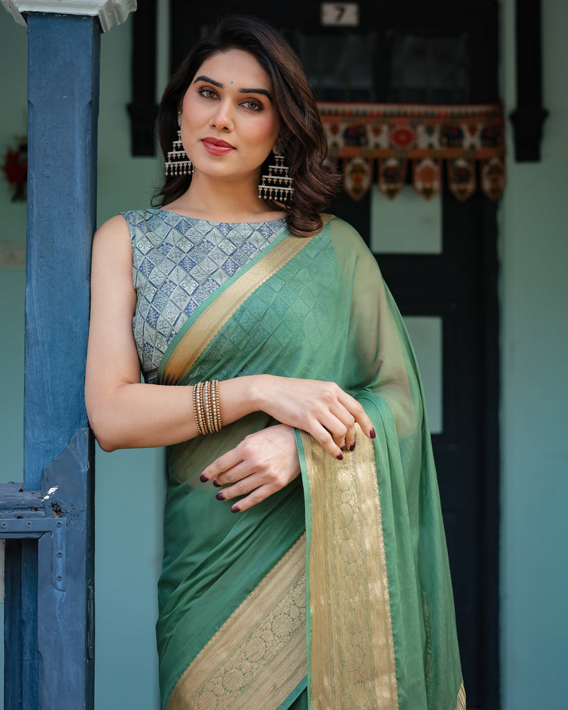 Mint Green Plain Chiffon Saree with Gold Zari Border, Geometric Printed Blouse & Tassel Detailing CHIFFON