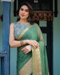 Load image into Gallery viewer, Mint Green Plain Chiffon Saree with Gold Zari Border, Geometric Printed Blouse &amp; Tassel Detailing CHIFFON
