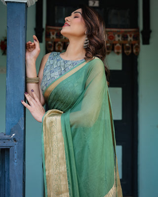 Mint Green Plain Chiffon Saree with Gold Zari Border, Geometric Printed Blouse & Tassel Detailing CHIFFON