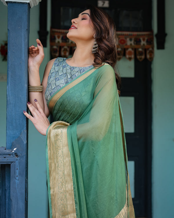 Mint Green Plain Chiffon Saree with Gold Zari Border, Geometric Printed Blouse & Tassel Detailing CHIFFON