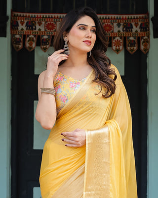 Golden Yellow Plain Chiffon Saree with Gold Zari Border, Floral Printed Blouse & Tassel Detailing CHIFFON