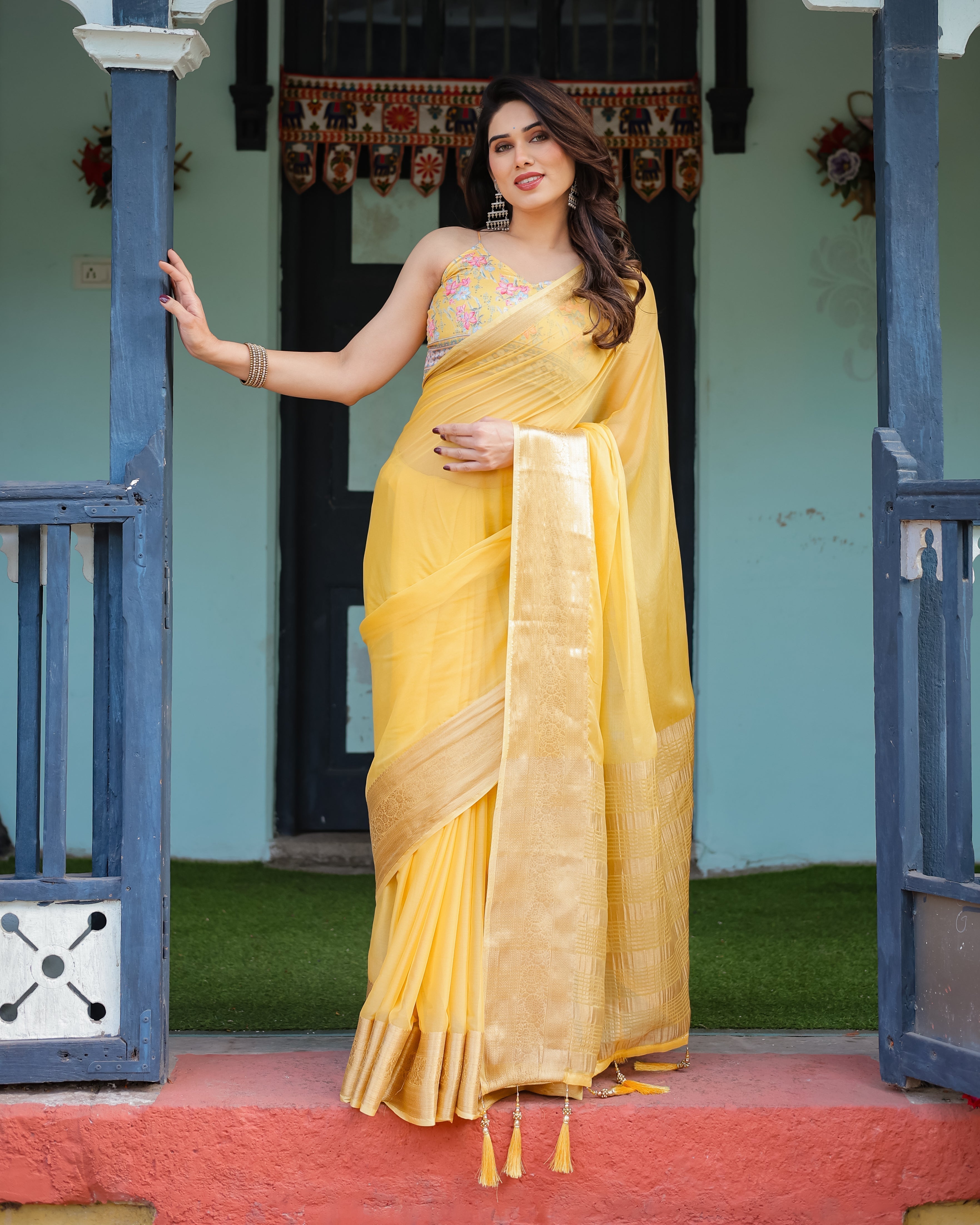 Golden Yellow Plain Chiffon Saree with Gold Zari Border, Floral Printed Blouse & Tassel Detailing Secondary image