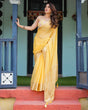Load image into Gallery viewer, Golden Yellow Plain Chiffon Saree with Gold Zari Border, Floral Printed Blouse &amp; Tassel Detailing CHIFFON
