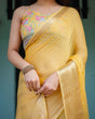 Load image into Gallery viewer, Golden Yellow Plain Chiffon Saree with Gold Zari Border, Floral Printed Blouse &amp; Tassel Detailing CHIFFON