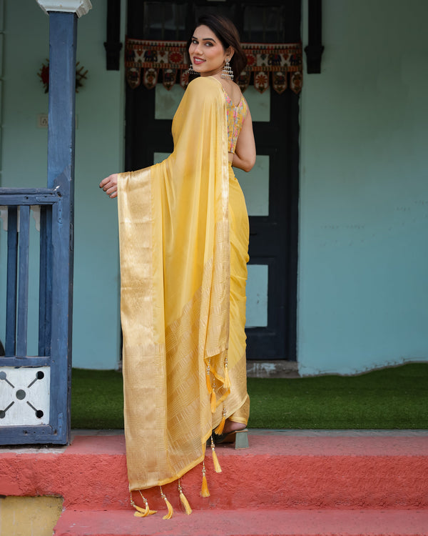 Golden Yellow Plain Chiffon Saree with Gold Zari Border, Floral Printed Blouse & Tassel Detailing CHIFFON