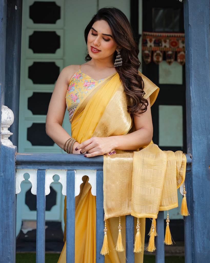Golden Yellow Plain Chiffon Saree with Gold Zari Border, Floral Printed Blouse & Tassel Detailing CHIFFON