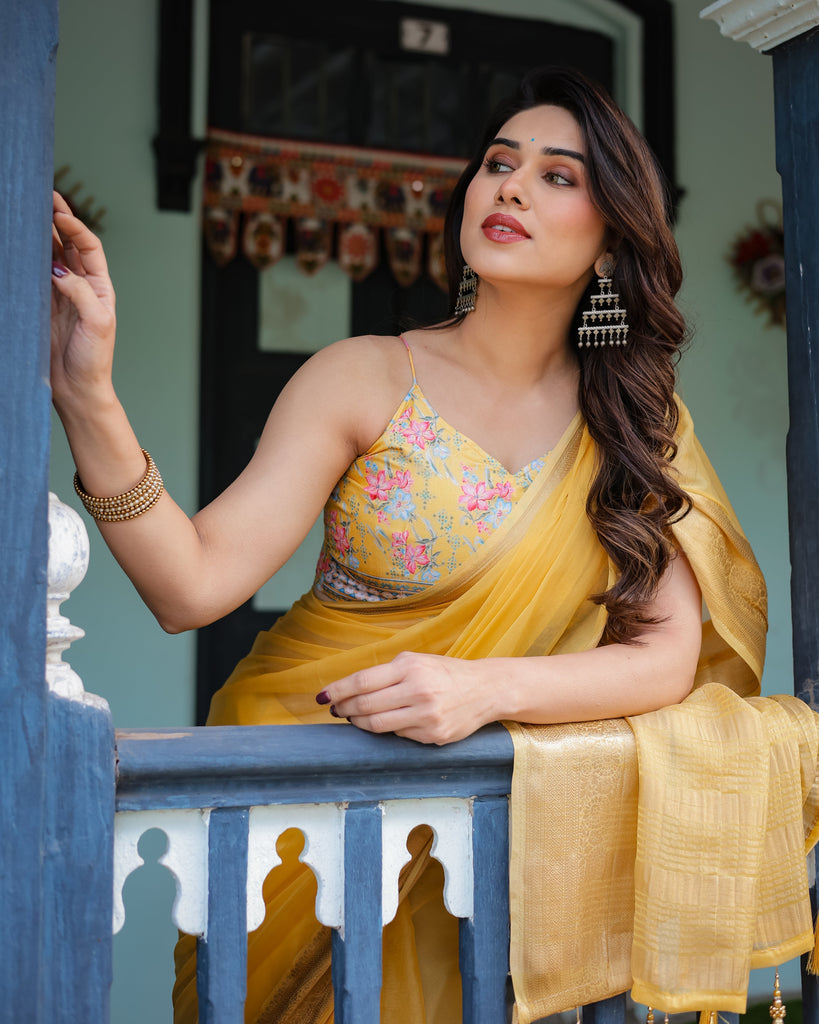 Golden Yellow Plain Chiffon Saree with Gold Zari Border, Floral Printed Blouse & Tassel Detailing CHIFFON