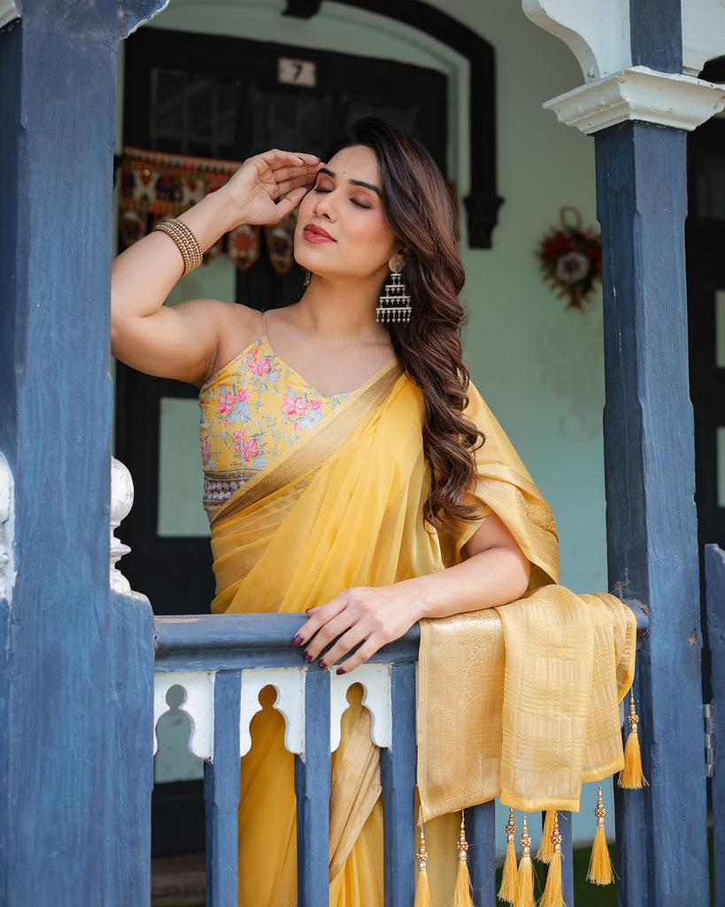 Golden Yellow Plain Chiffon Saree with Gold Zari Border, Floral Printed Blouse & Tassel Detailing CHIFFON