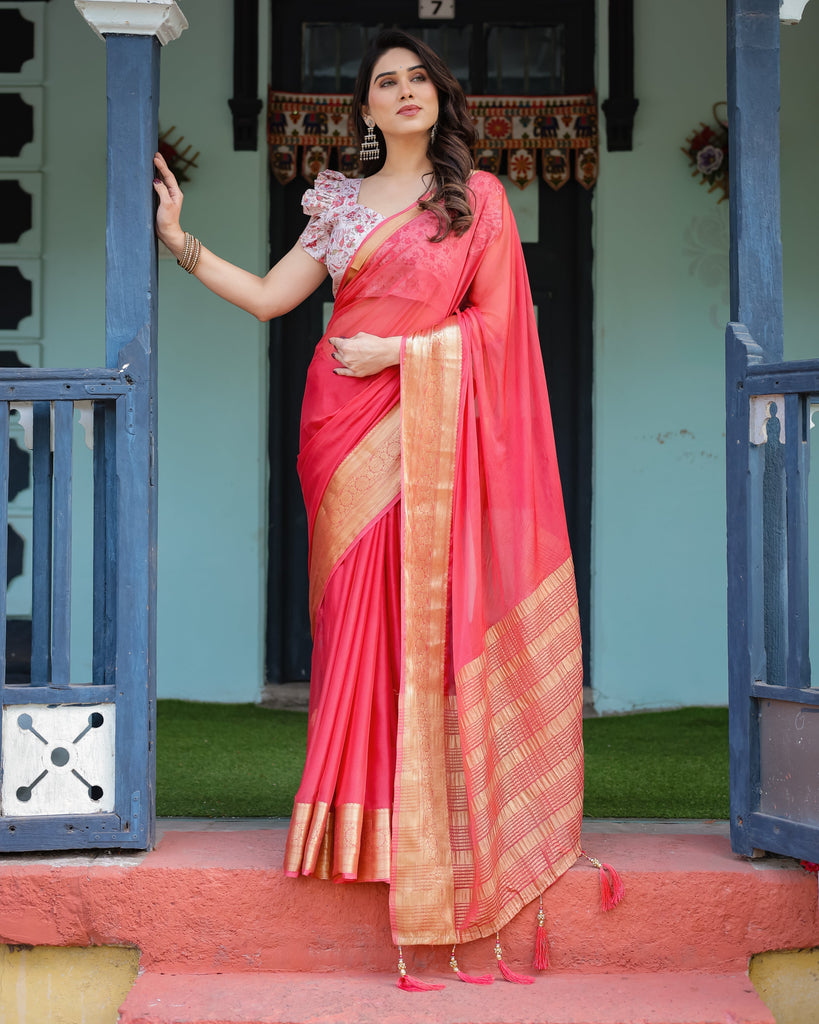 Vibrant Coral Pink Plain Chiffon Saree with Gold Zari Border, Floral Ruffled Blouse & Tassel Detailing CHIFFON