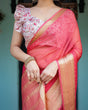 Load image into Gallery viewer, Vibrant Coral Pink Plain Chiffon Saree with Gold Zari Border, Floral Ruffled Blouse &amp; Tassel Detailing CHIFFON