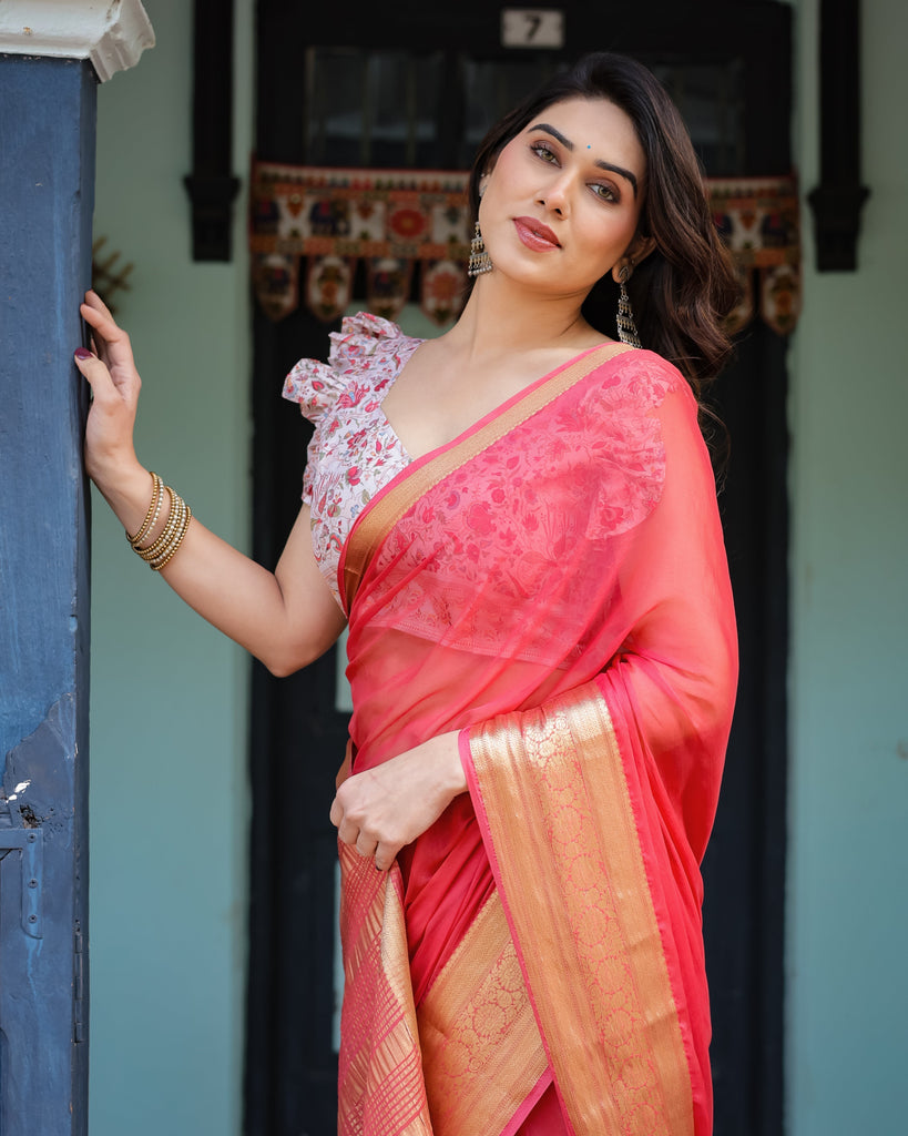 Vibrant Coral Pink Plain Chiffon Saree with Gold Zari Border, Floral Ruffled Blouse & Tassel Detailing CHIFFON