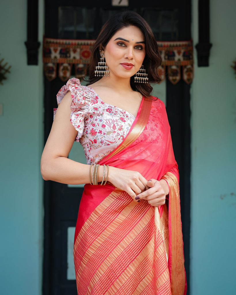 Vibrant Coral Pink Plain Chiffon Saree with Gold Zari Border, Floral Ruffled Blouse & Tassel Detailing CHIFFON