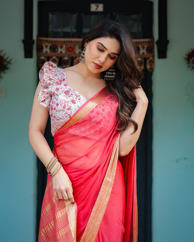 Vibrant Coral Pink Plain Chiffon Saree with Gold Zari Border, Floral Ruffled Blouse & Tassel Detailing CHIFFON