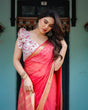 Load image into Gallery viewer, Vibrant Coral Pink Plain Chiffon Saree with Gold Zari Border, Floral Ruffled Blouse &amp; Tassel Detailing CHIFFON