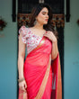 Load image into Gallery viewer, Vibrant Coral Pink Plain Chiffon Saree with Gold Zari Border, Floral Ruffled Blouse &amp; Tassel Detailing CHIFFON