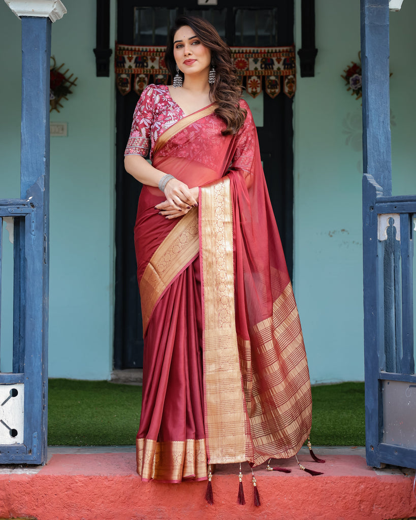 Elegant Maroon Plain Chiffon Saree with Gold Border, Printed Blouse & Tassel Detailing CHIFFON