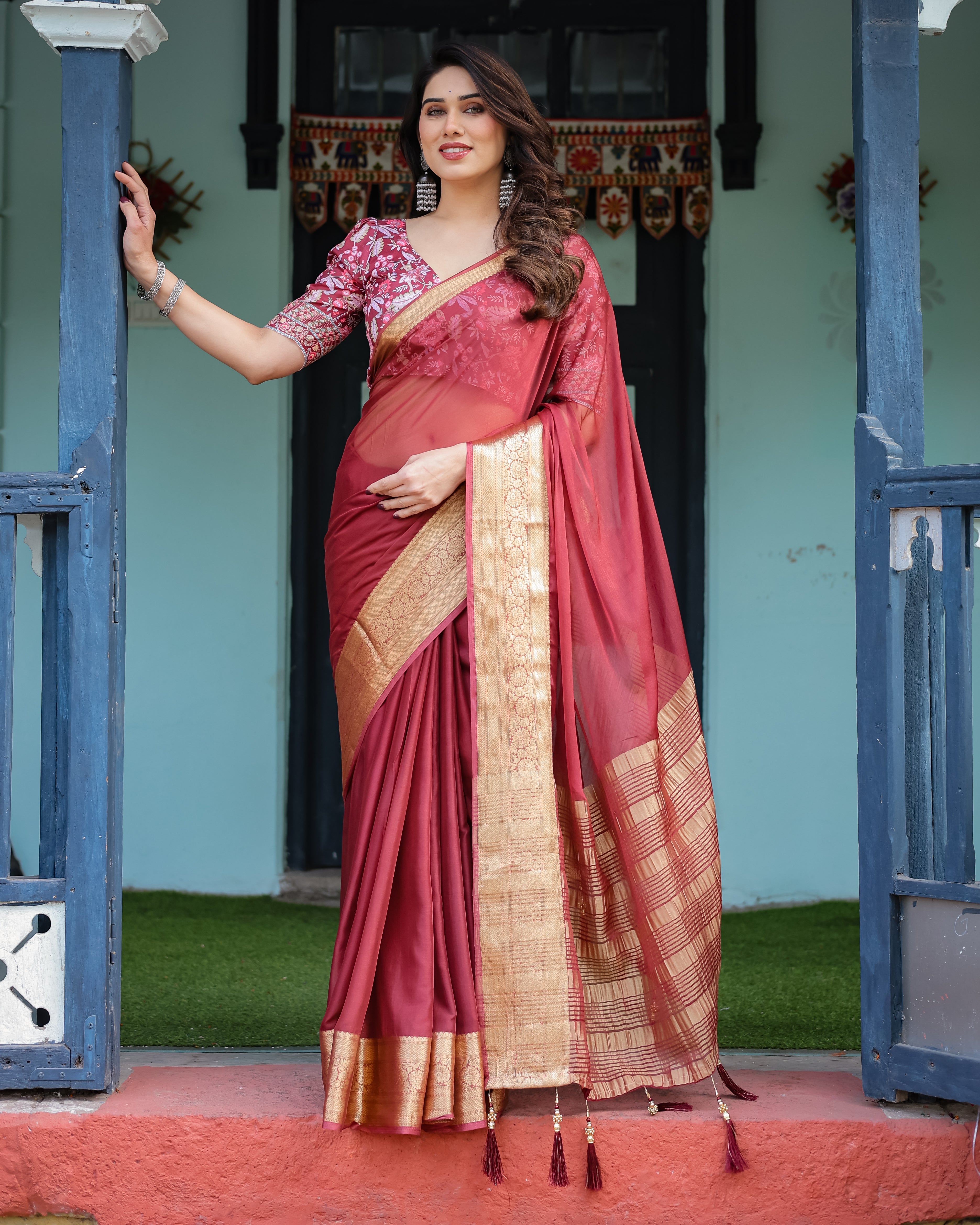 Elegant Maroon Plain Chiffon Saree with Gold Border, Printed Blouse & Tassel Detailing CHIFFON Main image