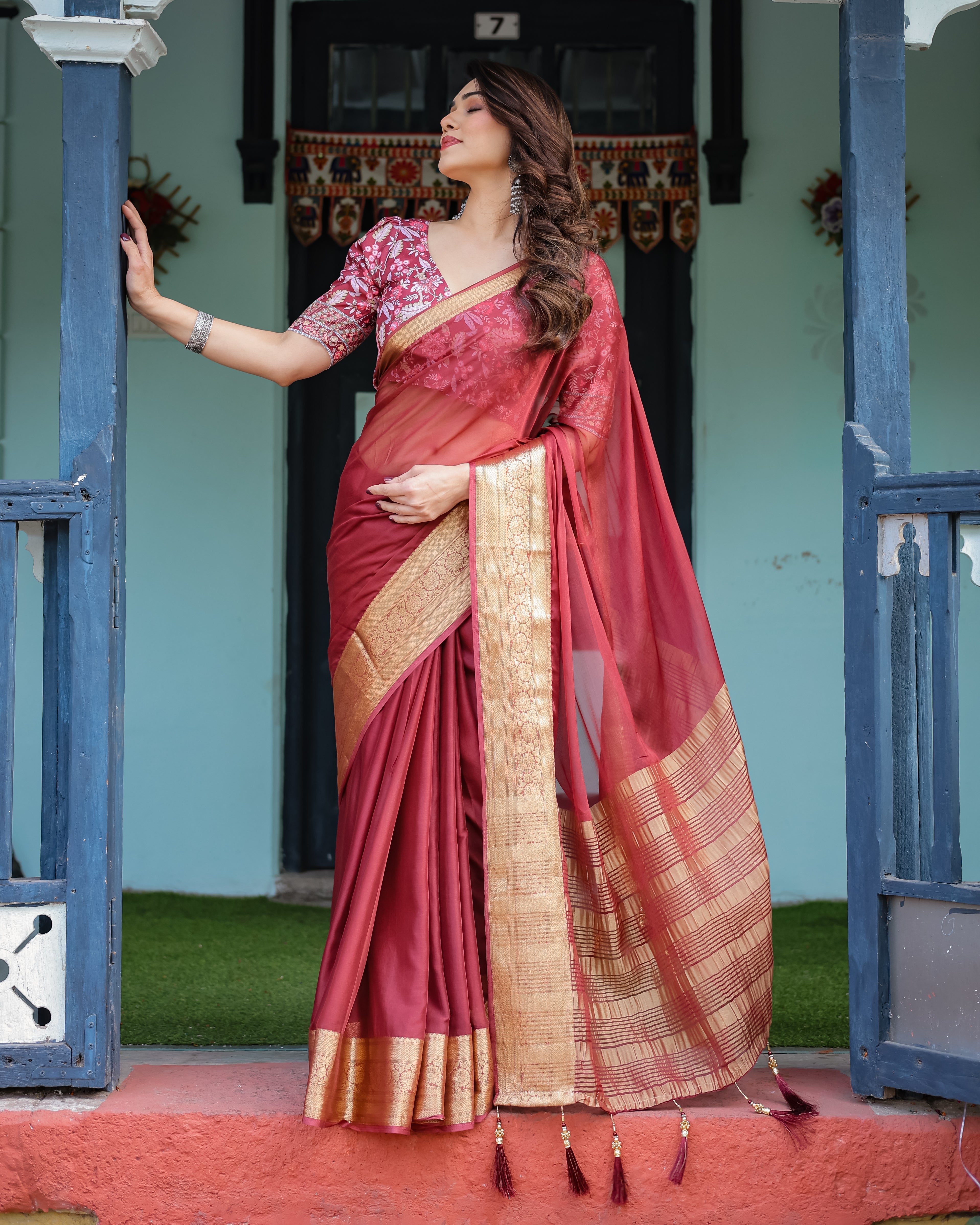 Elegant Maroon Plain Chiffon Saree with Gold Border, Printed Blouse & Tassel Detailing Secondary image