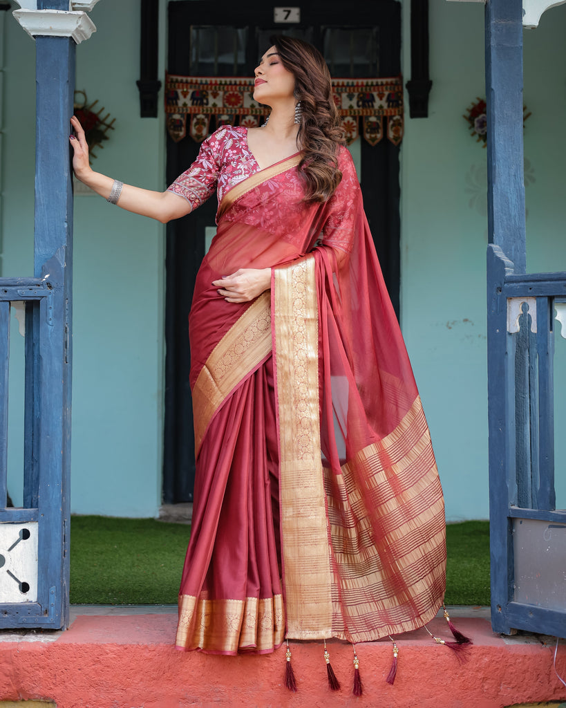 Elegant Maroon Plain Chiffon Saree with Gold Border, Printed Blouse & Tassel Detailing CHIFFON