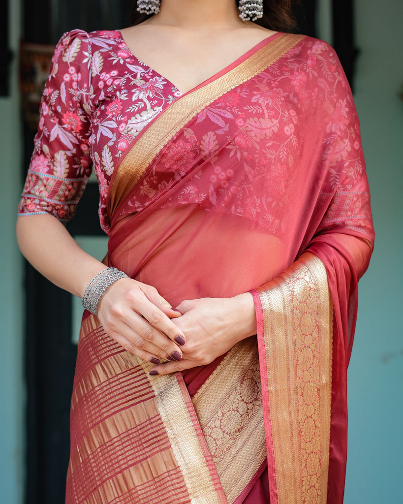 Elegant Maroon Plain Chiffon Saree with Gold Border, Printed Blouse & Tassel Detailing CHIFFON