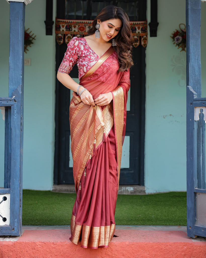 Elegant Maroon Plain Chiffon Saree with Gold Border, Printed Blouse & Tassel Detailing CHIFFON