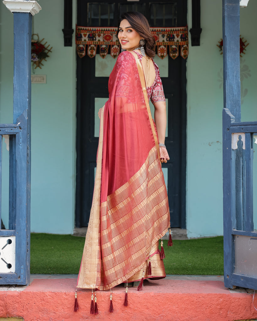 Elegant Maroon Plain Chiffon Saree with Gold Border, Printed Blouse & Tassel Detailing CHIFFON