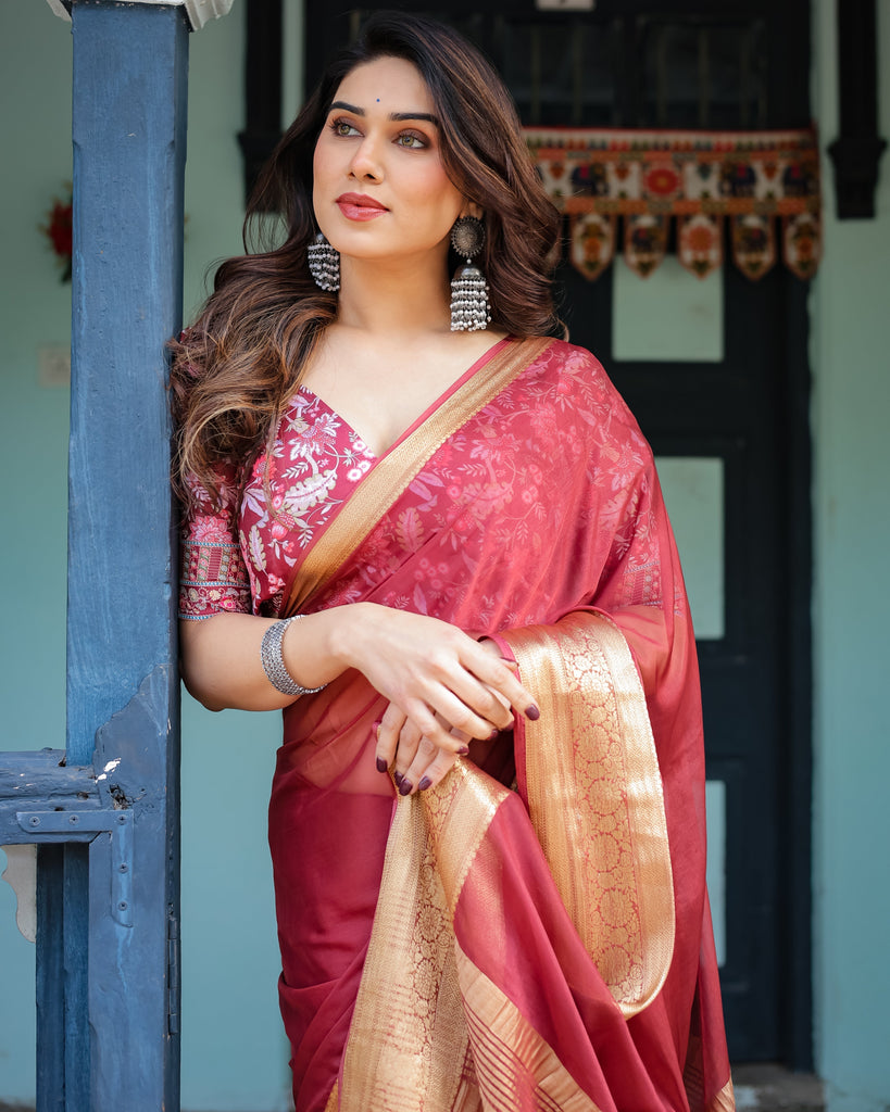 Elegant Maroon Plain Chiffon Saree with Gold Border, Printed Blouse & Tassel Detailing CHIFFON