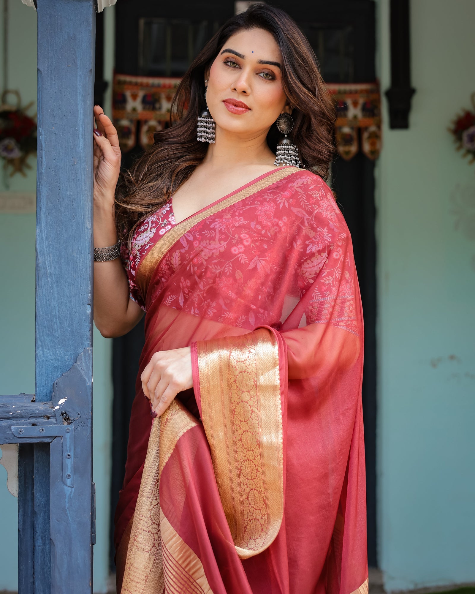 Elegant Maroon Plain Chiffon Saree with Gold Border, Printed Blouse & Tassel Detailing CHIFFON