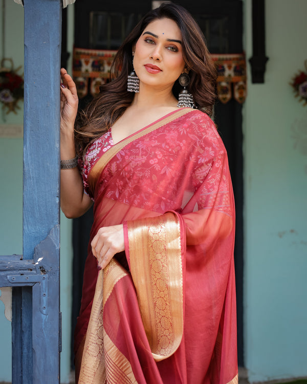 Elegant Maroon Plain Chiffon Saree with Gold Border, Printed Blouse & Tassel Detailing CHIFFON