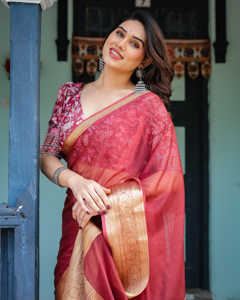 Elegant Maroon Plain Chiffon Saree with Gold Border, Printed Blouse & Tassel Detailing CHIFFON