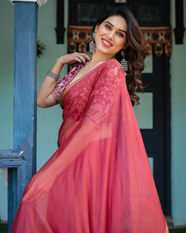 Elegant Maroon Plain Chiffon Saree with Gold Border, Printed Blouse & Tassel Detailing CHIFFON