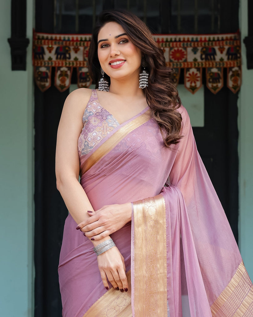 Lavender Plain Chiffon Saree with Gold Zari Border, Printed Blouse & Tassel Details CHIFFON