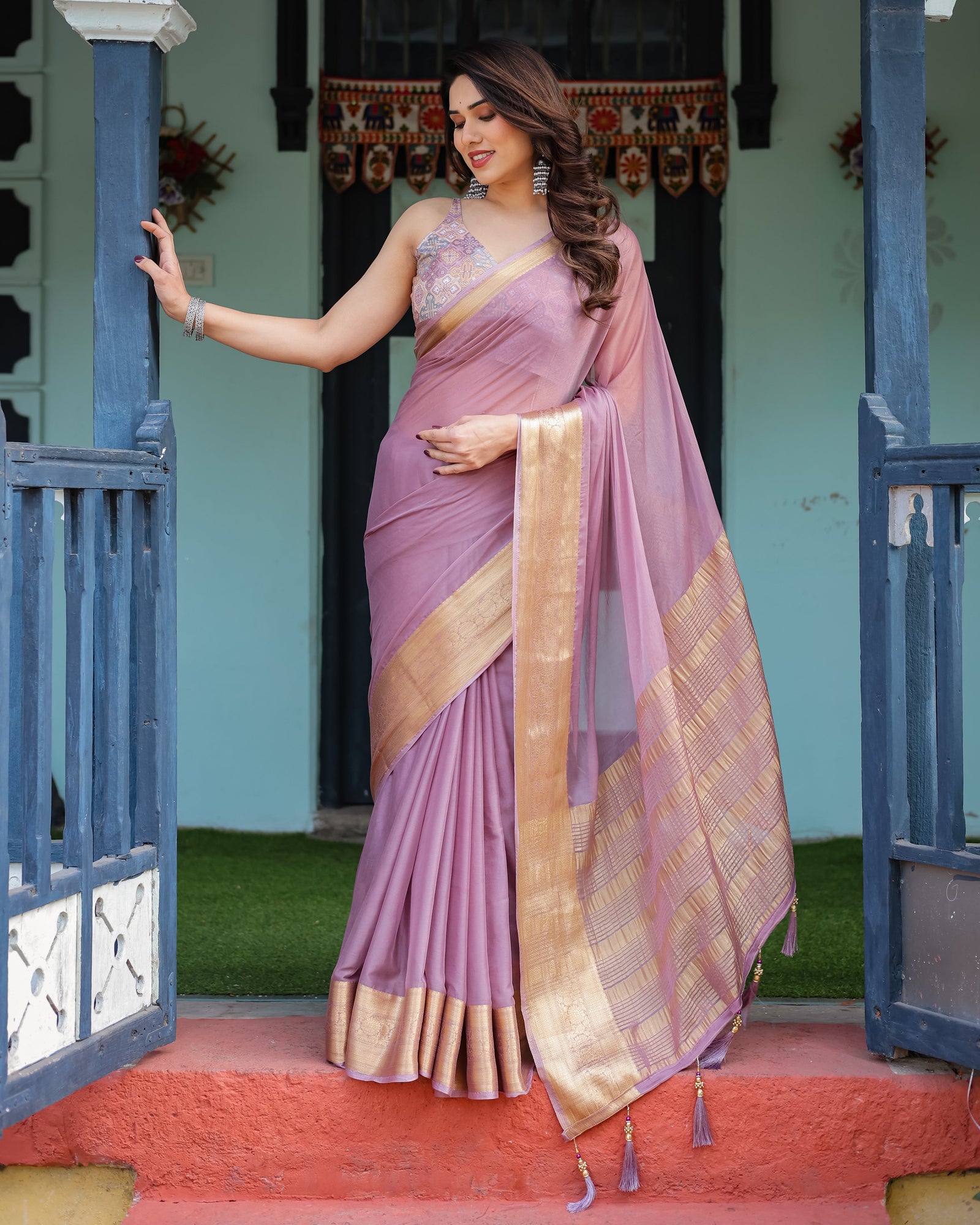 Lavender Plain Chiffon Saree with Gold Zari Border, Printed Blouse & Tassel Details CHIFFON