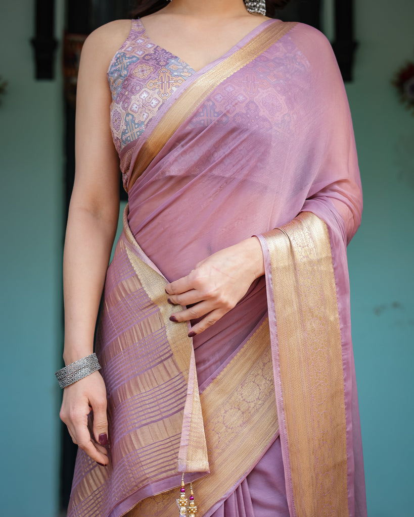 Lavender Plain Chiffon Saree with Gold Zari Border, Printed Blouse & Tassel Details CHIFFON