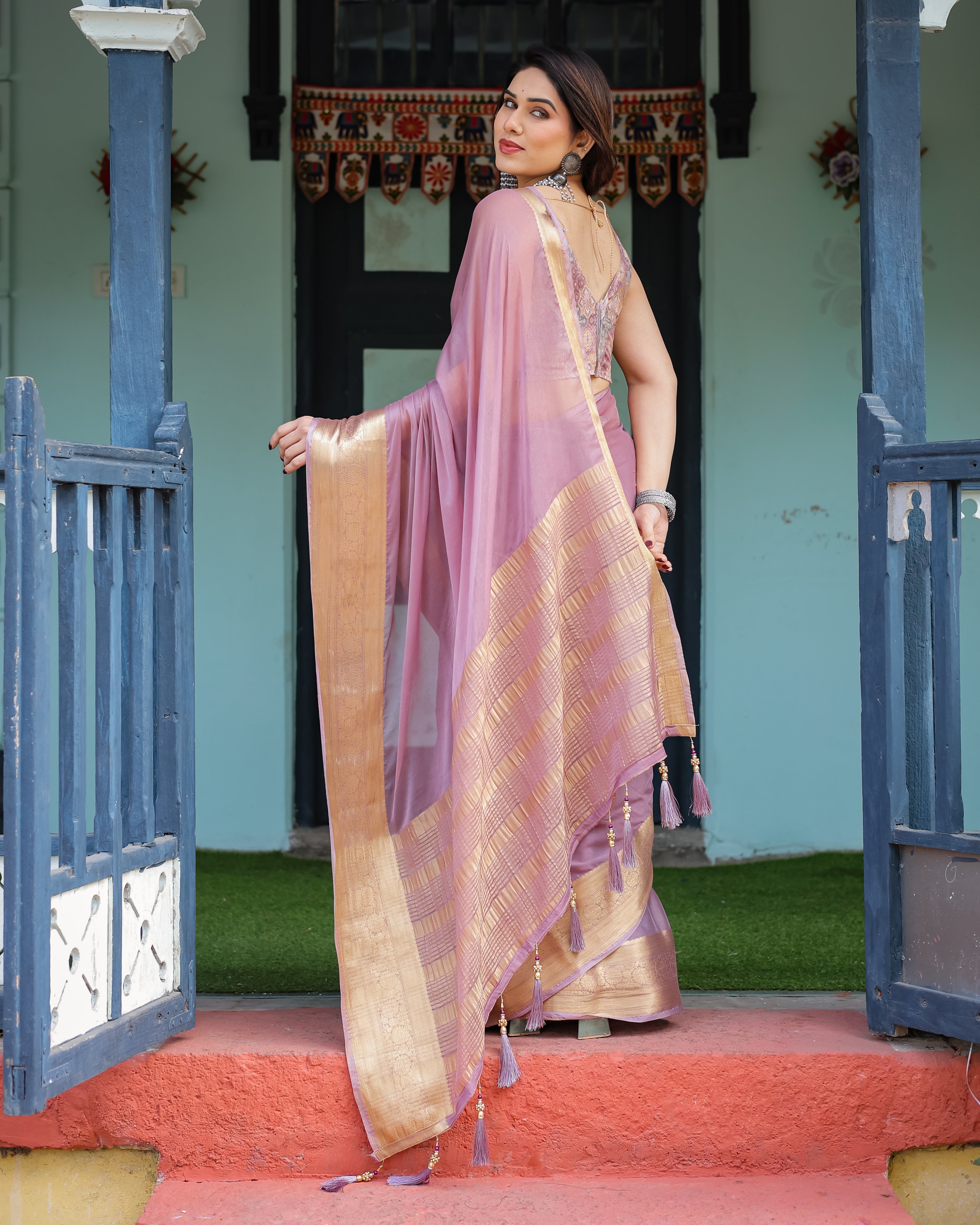 Lavender Plain Chiffon Saree with Gold Zari Border, Printed Blouse & Tassel Details Secondary image