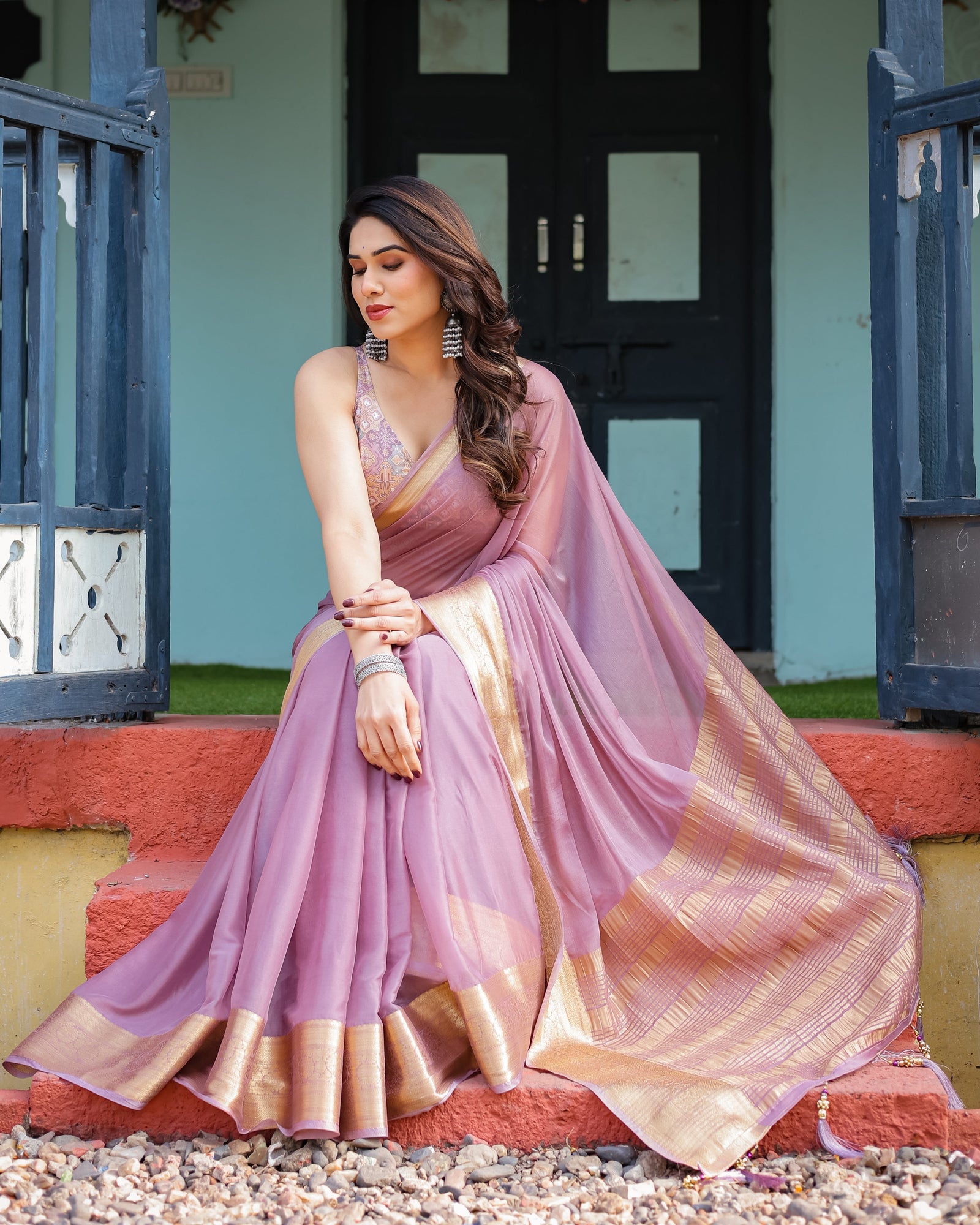 Lavender Plain Chiffon Saree with Gold Zari Border, Printed Blouse & Tassel Details CHIFFON