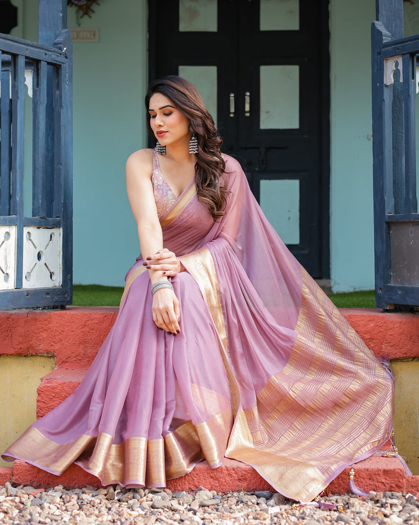 Lavender Plain Chiffon Saree with Gold Zari Border, Printed Blouse & Tassel Details CHIFFON