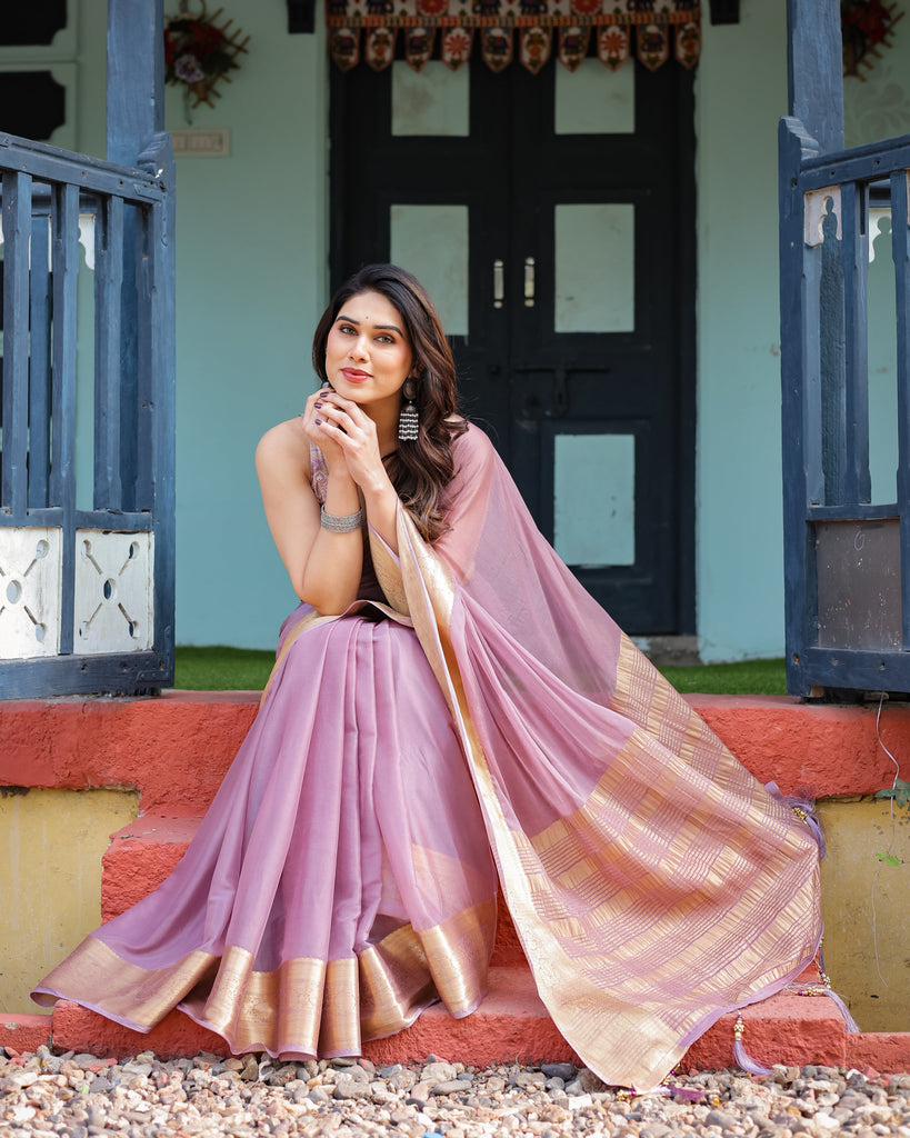 Lavender Plain Chiffon Saree with Gold Zari Border, Printed Blouse & Tassel Details CHIFFON
