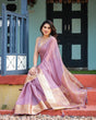 Load image into Gallery viewer, Lavender Plain Chiffon Saree with Gold Zari Border, Printed Blouse &amp; Tassel Details CHIFFON