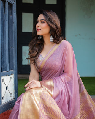 Lavender Plain Chiffon Saree with Gold Zari Border, Printed Blouse & Tassel Details CHIFFON
