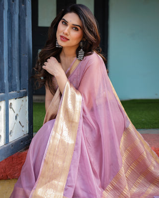 Lavender Plain Chiffon Saree with Gold Zari Border, Printed Blouse & Tassel Details CHIFFON