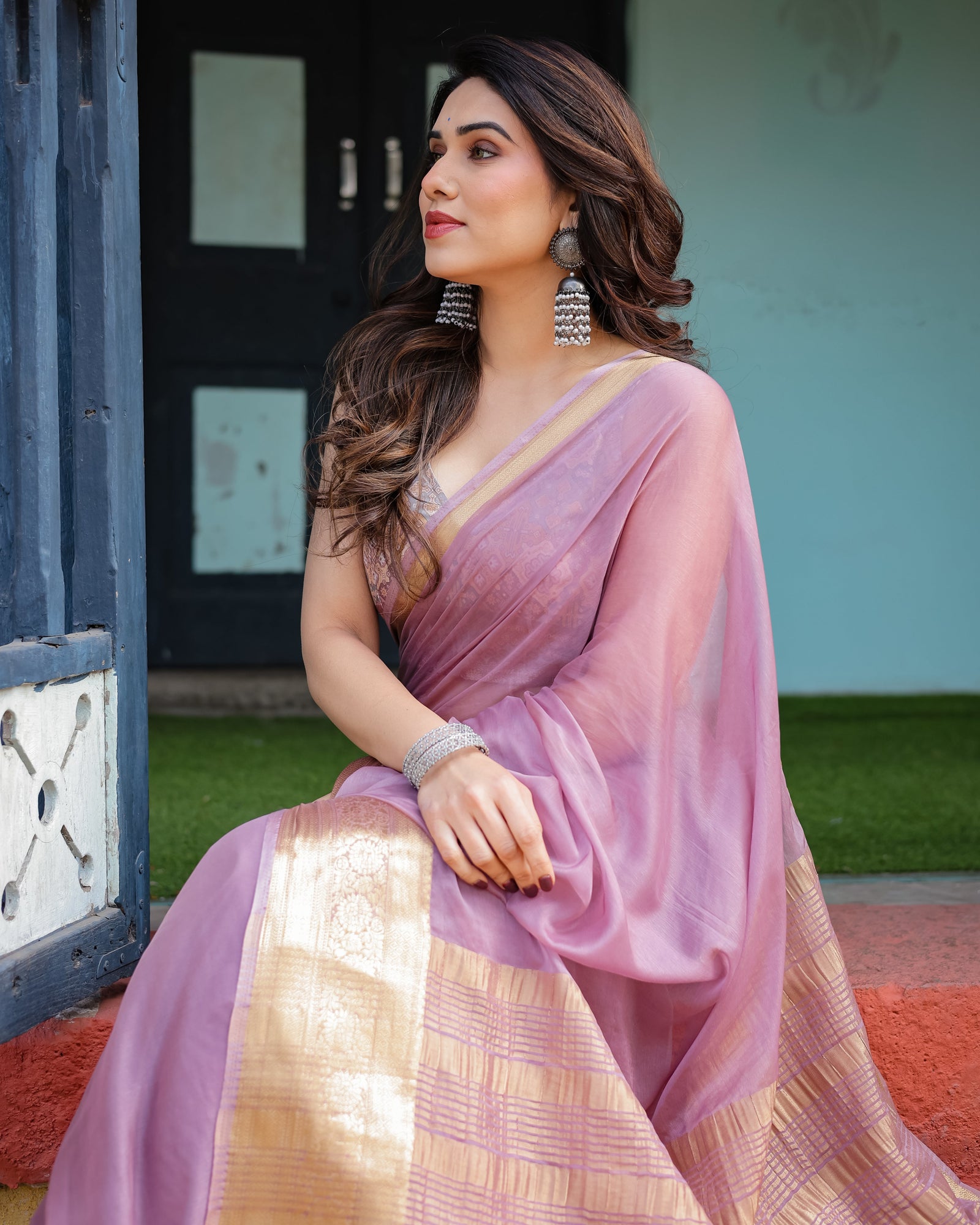 Lavender Plain Chiffon Saree with Gold Zari Border, Printed Blouse & Tassel Details CHIFFON