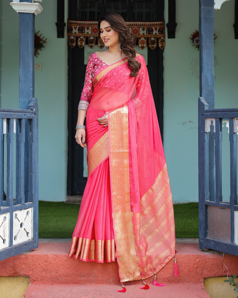 Ravishing Rani Pink Plain Chiffon Saree with Gold Zari Border, Floral Printed Blouse & Tassel Accents CHIFFON